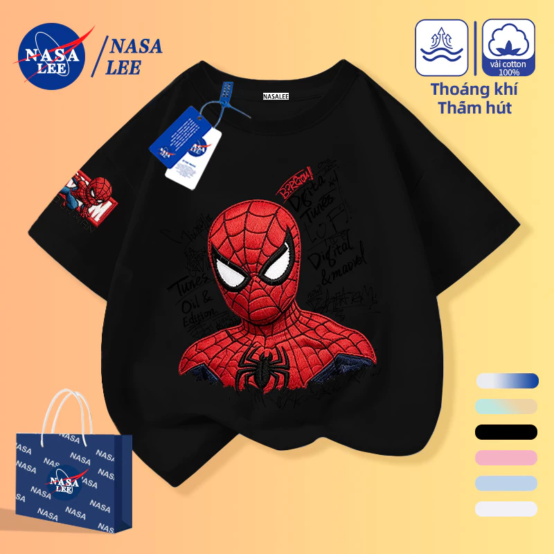 [Giao hàng trong ngày] Áo thun nửa tay hoạt hình người nhện đen dành cho trẻ em Quần áo trẻ em ngắn tay Cotton thoáng khí