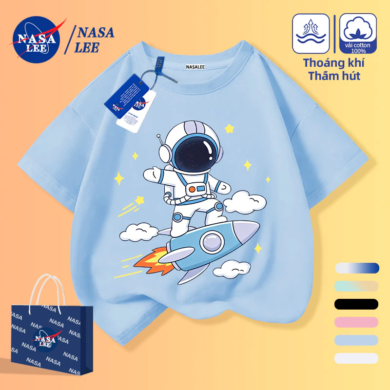 [Giao hàng trong ngày] Phim hoạt hình không gian phi gia tên lửa dễ thương Áo thun nửa tay dành cho trẻ em Nam Nữ Bé Cotton thoáng khí Màu xanh nhạt Quần áo trẻ em ngắn tay phù hợp thông thường