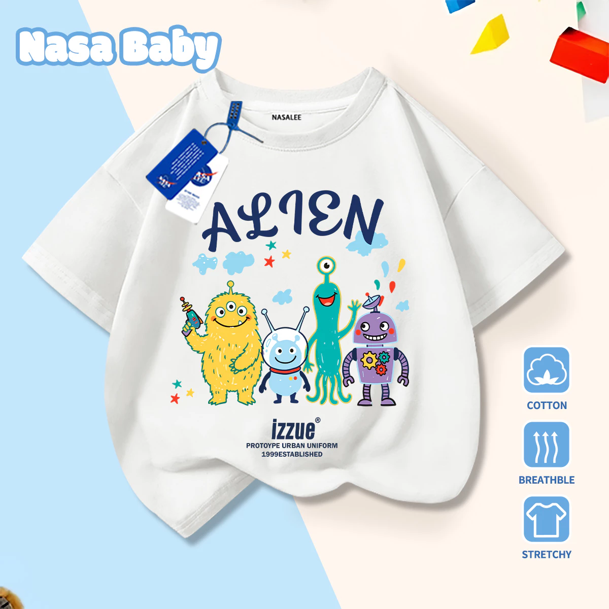 [Giao hàng trong ngày] Robot sinh học ngoài tinh vui nhộn Phim hoạt hình Áo thun nửa tay dành cho trẻ em Nam Nữ Bé Cotton thoáng khí Màu trắng phù hợp Tất cả các trận đấu Ngắn thông thường