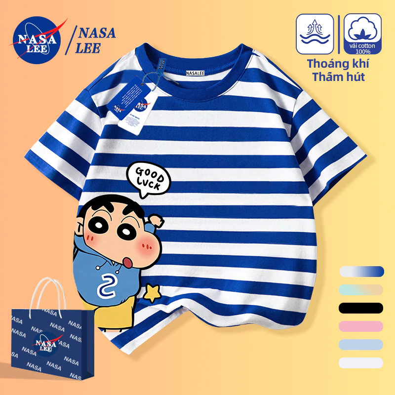 [Giao hàng trong ngày] Màu xanh sọc trắng Crayon Shin-Chan Phim hoạt hình dễ thương Áo thun nửa tay dành cho trẻ em Nam Nữ Bé Cotton thoáng khí Contra
