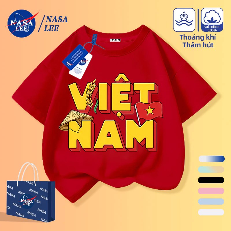 [Giao hàng trong ngày] Mũ văn bản ba chiều Việt Nam Họa tiết cờ quốc gia Áo thun nửa tay trẻ em