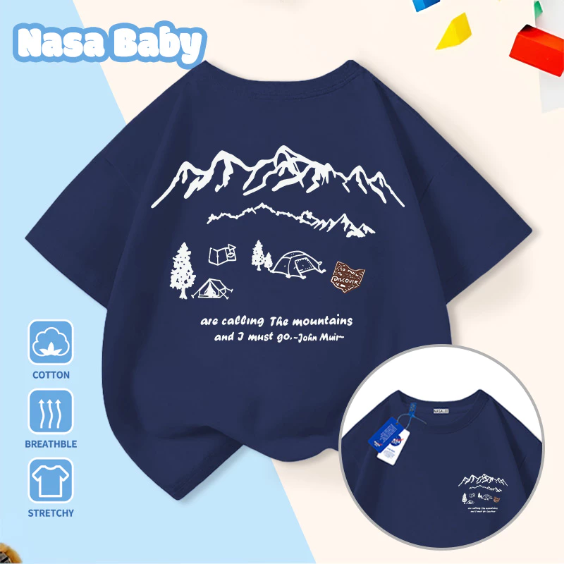 [Giao hàng trong ngày] Mountain Wild Camping Snow Mountain Phong cảnh đơn giản Áo thun nửa tay cho trẻ em Nam Nữ Bé Cotton thoáng khí Hải quân