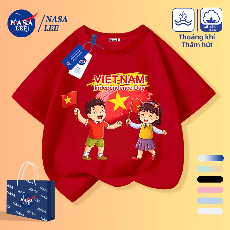 [Giao hàng trong ngày] Ngày Quốc khánh Việt Nam Phim hoạt hình Trẻ em Nâng cờ Họa tiết Áo thun nửa tay cho trẻ em Nam Nữ Bé Cotton thoáng khí Màu đỏ Quần áo trẻ em ngắn tay phù hợp