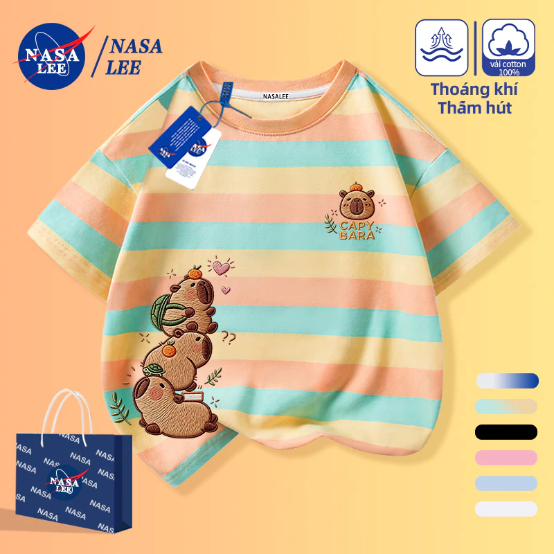 [Giao hàng trong ngày] Áo thun Cotton nguyên chất sọc xanh vàng cho trẻ em Không khí Phim hoạt hình Trẻ em Họa tiết Kapibara dáng rộng 3-16 tuổi Ngắn thường ngày @