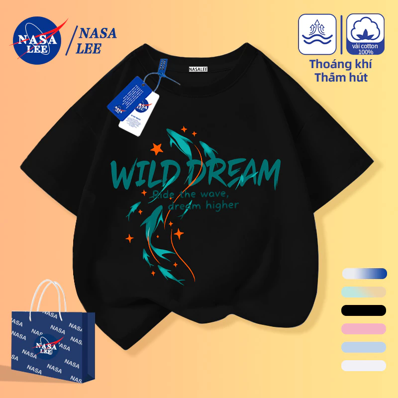 [Giao hàng trong ngày] Shark Star Áo thun nửa tay in hình tiếng Anh dành cho trẻ em Nam Nữ Bé Cotton thoáng khí Màu đen All-Ma