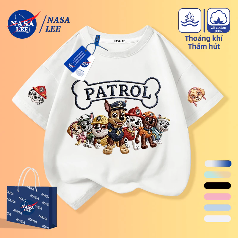 [Giao hàng trong ngày] Áo thun nửa tay màu trắng cho trẻ em Bàn chân Cotton Đội xương thêu chữ in Quần áo trẻ em ngắn tay Bo