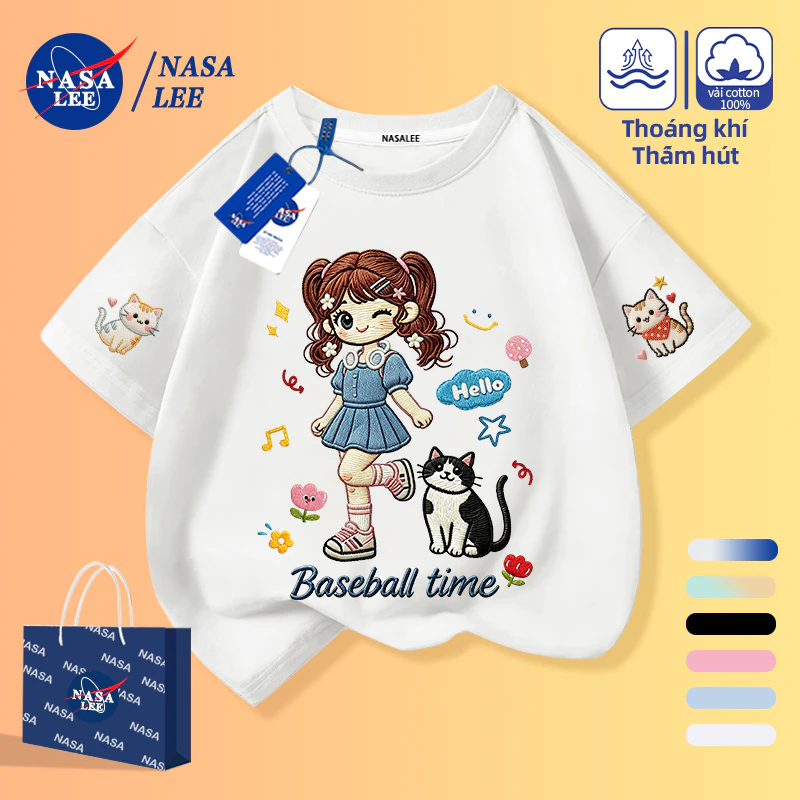 [Giao hàng trong ngày] Cô gái ngọt ngào Cô gái nhỏ Cat Cotton Girl Màu trắng ngắn tay Cô gái nhỏ hoạt hình Ngôi sao hoa nhỏ cổ tròn phù hợp cho mọi trận đấu