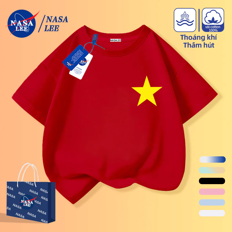 [Giao hàng trong ngày] Áo thun nửa tay in nhãn nhỏ năm sao Việt Nam Nam Nam Nữ Bé Cotton thoáng khí màu đỏ phù hợp cho mọi trận đấu ngắn @ -