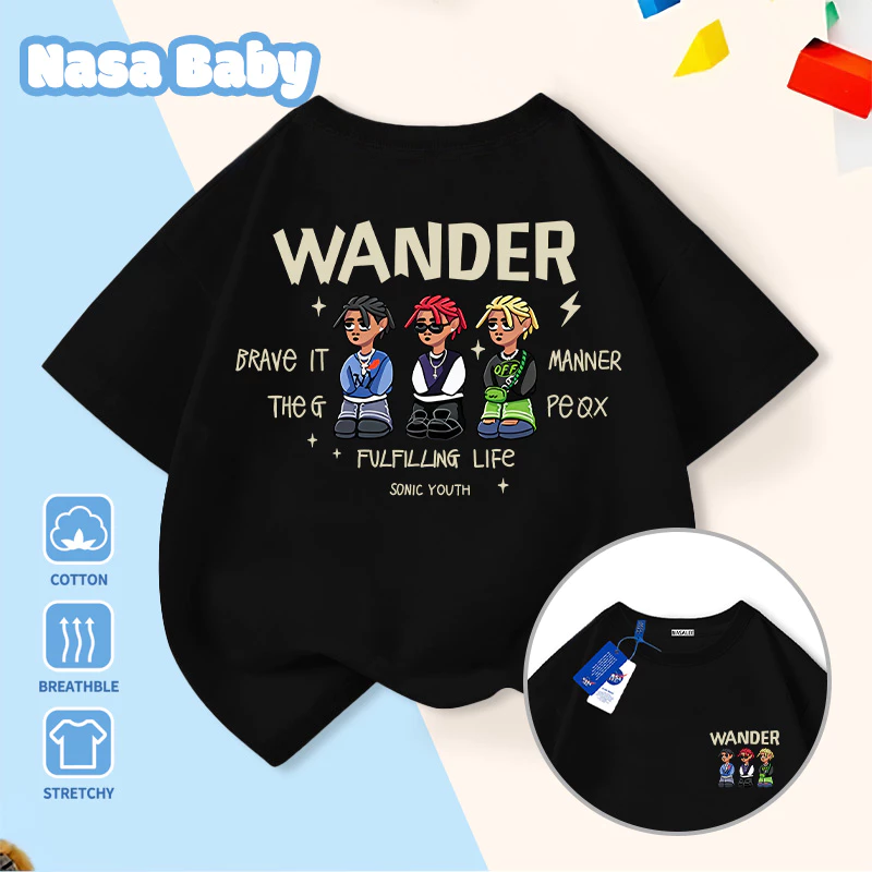 [Giao hàng trong ngày] Phim hoạt hình Mỹ Hợp thời trang trẻ em Cotton ngắn tay bé trai bé gái Quần áo trẻ em cổ tròn màu đen Áo thun hàng đầu phù hợp