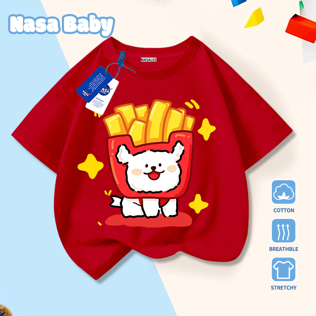 [Giao hàng trong ngày] Khoai tây chiên kiểu Pháp Chó nhỏ màu trắng dễ thương Hoạt hình vui nhộn cho trẻ em Áo thun nửa tay nam nữ cho bé Cotton thoáng khí màu đỏ phù hợp ngắn