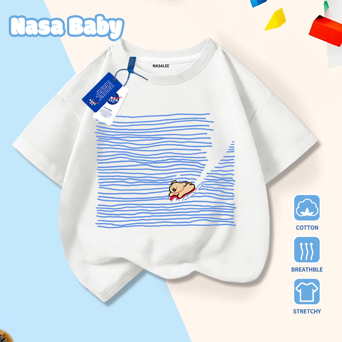 [Giao hàng trong ngày] Lướt sóng sóng màu xanh Kapibara cho trẻ em bé trai bé gái mùa hè Cotton trắng đơn giản dáng rộng cho trẻ em nửa tay T-