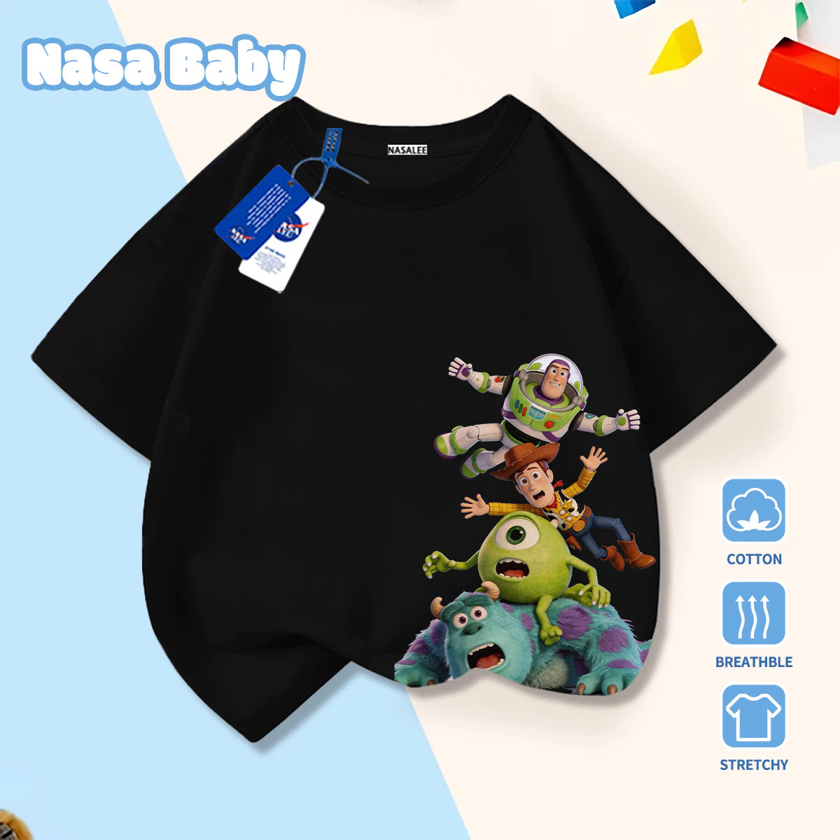 [Giao hàng trong ngày] Hoạt hình dễ thương Cotton Trẻ em Tay ngắn Bé trai Bé gái Quần áo trẻ em Nhân vật hoạt hình Cổ tròn màu đen Phù hợp với Áo T-