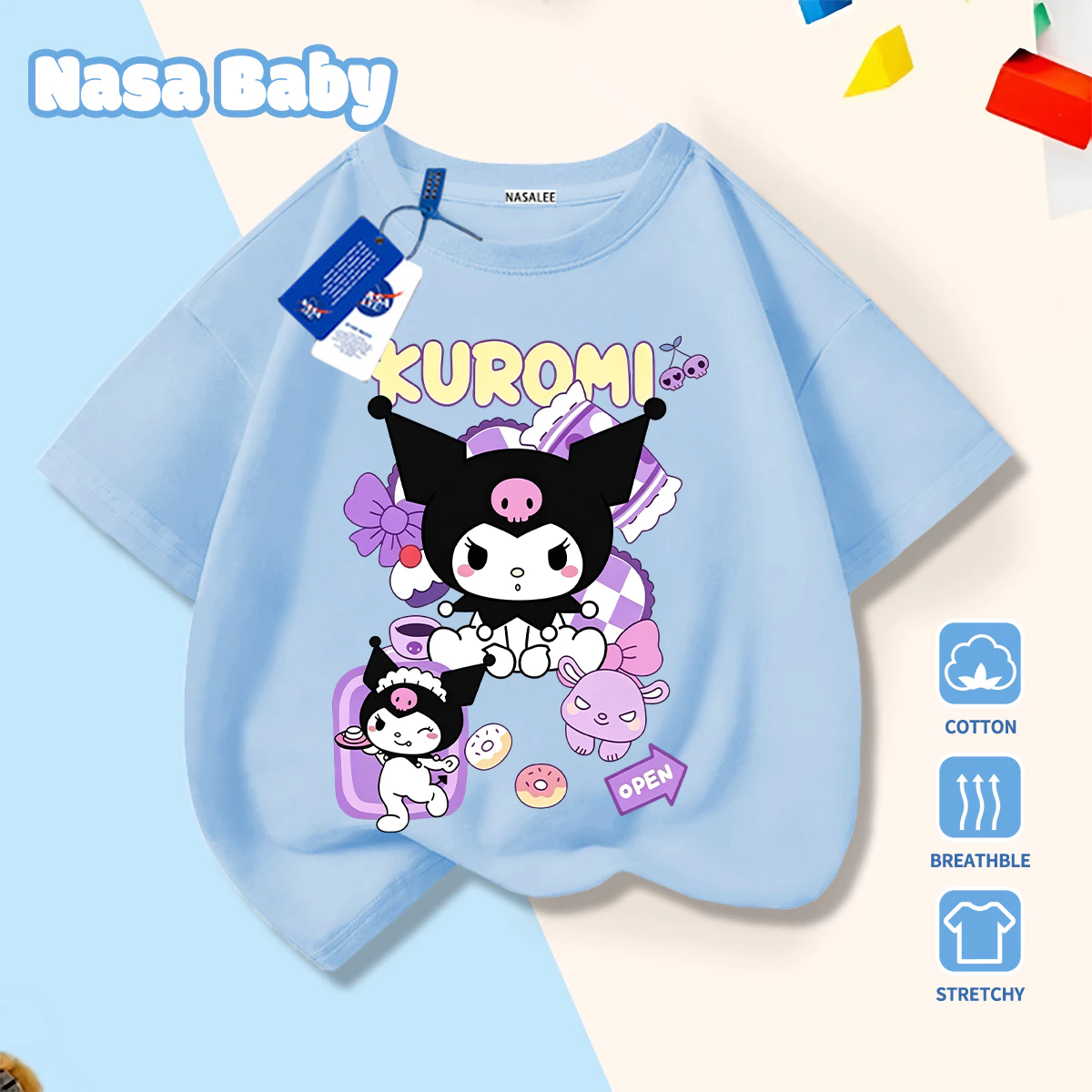 [Giao hàng trong ngày] Ngọt ngào mát mẻ Kuromi Món tráng miệng Thỏ Hoạt hình Trẻ em Áo thun nửa tay Nam Nữ Bé Cotton thoáng khí Màu xanh nhạt Tất cả các trận đấu Ngắn thường ngày @ -