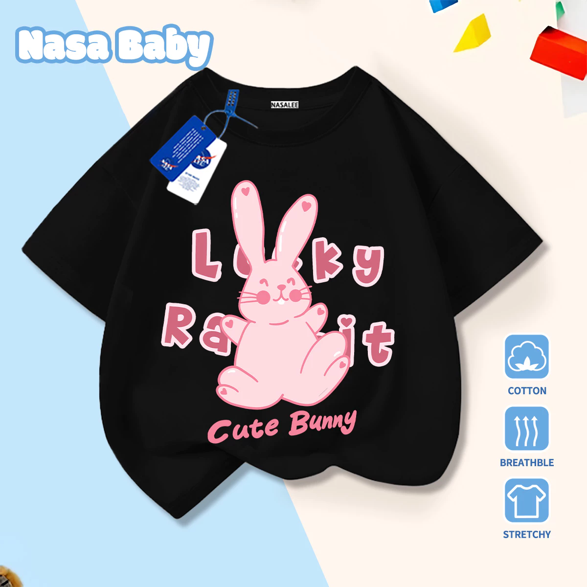 [Giao hàng trong ngày] Thỏ may mắn màu hồng dễ thương Trẻ em màu đen ngắn tay bé gái mùa hè Cotton nguyên chất co giãn thoáng khí Áo thun hoạt hình mềm mại Quần áo trẻ em cổ tròn in hình thỏ dễ thương