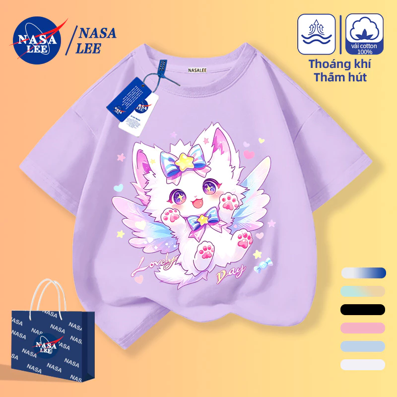 [Giao hàng trong ngày] Rainbow Bow Angel Kitten Cotton Girl Tay ngắn Bé gái cổ tròn màu tím nhạt Áo thun hàng đầu phù hợp