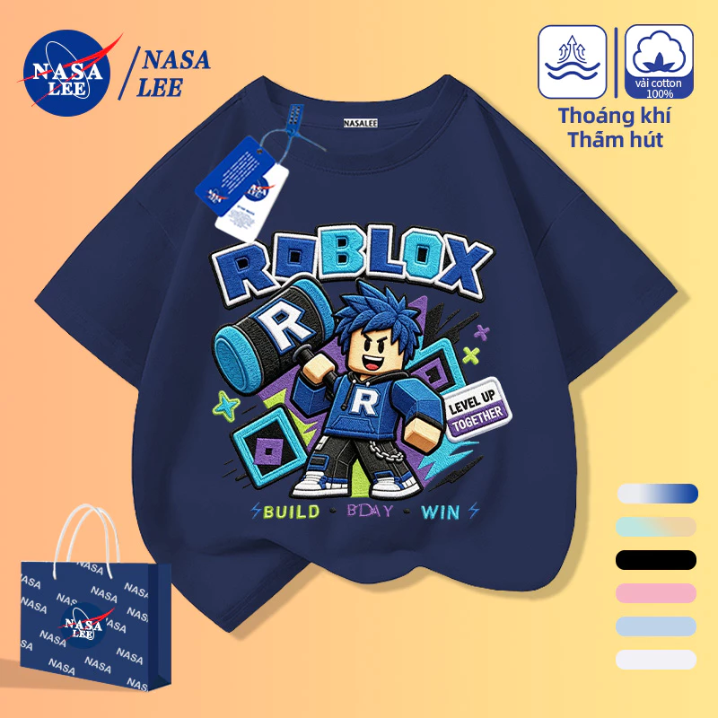 [Giao hàng trong ngày] Quần áo trẻ em Cotton màu xanh hải quân Áo thun nửa tay ngắn dành cho trẻ em Trò chơi Roblox In hình nhân vật vuông cho trẻ em lớn mùa hè Áo rộng rãi