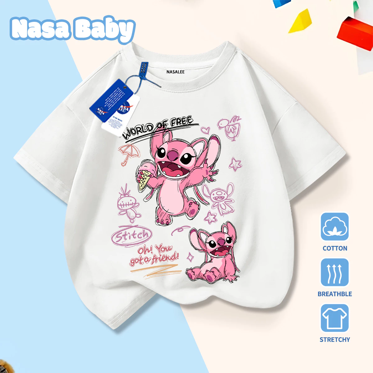 [Giao hàng trong ngày] Pink Angel Stitch Bút đơn giản Graffiti Phim hoạt hình Áo thun nửa tay dành cho trẻ em Nam Nữ Bé Cotton thoáng khí Màu trắng phù hợp Quần áo trẻ em ngắn tay thông thường