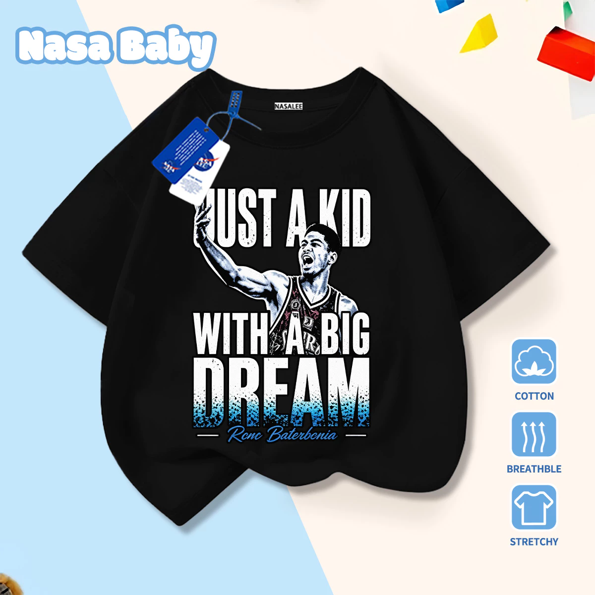 [Giao hàng trong ngày] Nhân vật bóng rổ Mỹ Cotton Bé trai Tay ngắn Bé trai Quần áo trẻ em Chữ cảm hứng Áo thun thể thao cổ tròn màu đen