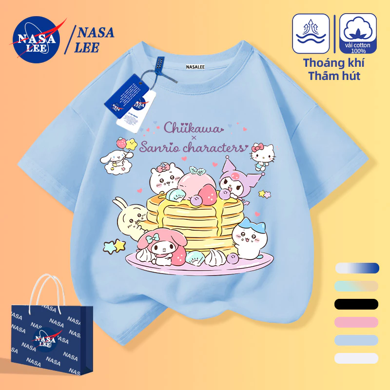 [Giao hàng trong ngày] Áo thun Cotton ngắn tay hoạt hình bé gái Muffin Love Star màu xanh nhạt cổ tròn phù hợp