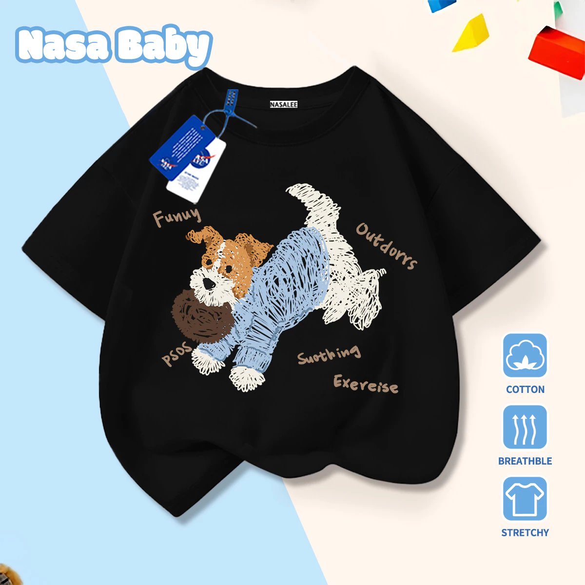 [Giao hàng trong ngày] Graffiti Line Schnauzer Áo thun nửa tay hoạt hình cho chó dễ thương dành cho trẻ em Áo thun nửa tay nam nữ cho bé Cotton thoáng khí màu đen phù hợp Quần áo trẻ em ngắn tay thông thường