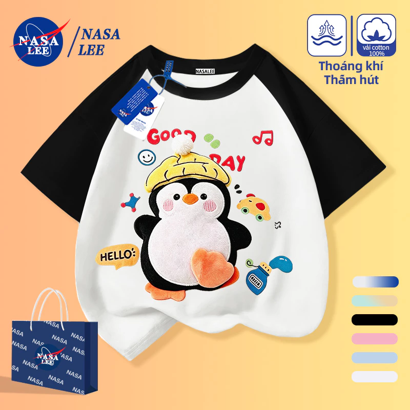 [Giao hàng trong ngày] Áo thun ngắn tay hình chim cánh cụt nhỏ có mũ trùm đầu sang trọng Raglan bé trai bé gái Quần áo trẻ em hoạt hình màu đen trắng phù hợp với áo thun cổ tròn