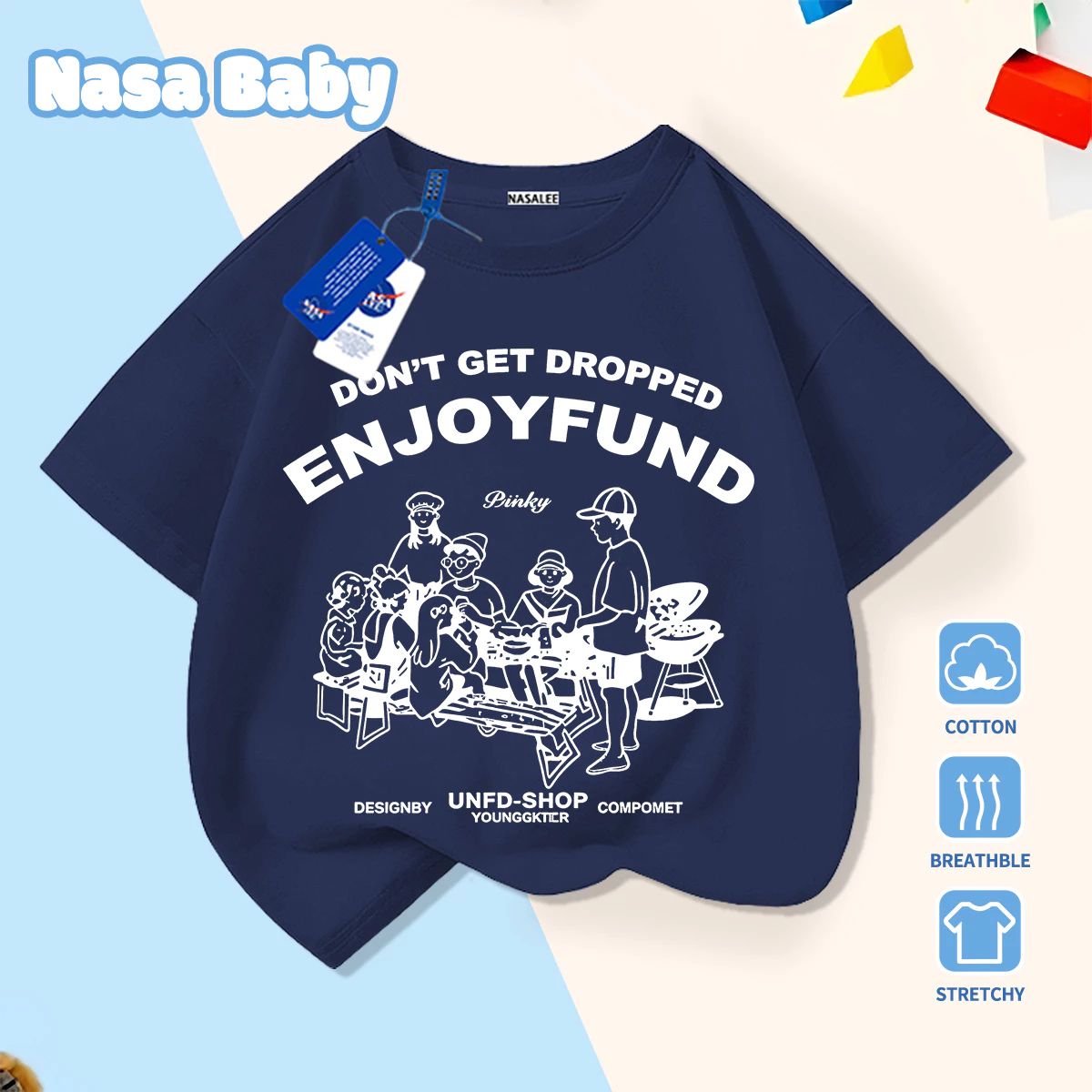 [Giao hàng trong ngày] Nhân vật cổ điển Mỹ In tiếng Anh cho trẻ em Màu xanh đậm ngắn tay bé trai bé gái Mùa hè màu xanh hải quân Cotton nguyên chất co giãn thoáng khí Áo thun mặc dạo phố Quần áo trẻ em nửa tay
