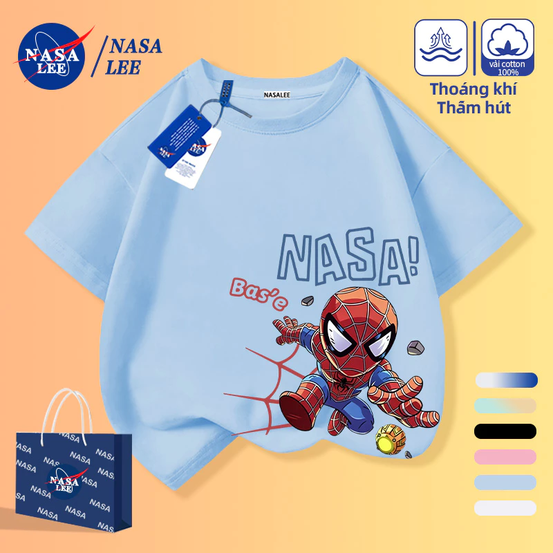 [Giao hàng trong ngày] Quần áo trẻ em Áo thun ngắn tay màu xanh nhạt dành cho trẻ em Áo thun nửa tay Cotton Q-Version Người nhện in hình bé trai bé gái Quần áo mùa hè thông thường