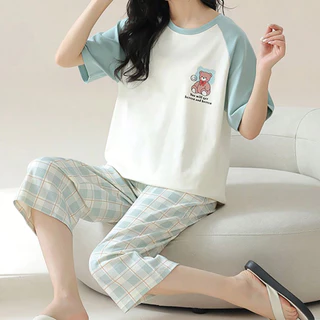 Cotton Nguyên Chất Màu Trơn Đơn Giản Mùa Xuân Mùa Hè Nữ Tay Raglan Loungewear Ngày Của Mẹ Quà Tặng Năm Mới Cổ Tròn Áo Chui Đầu Hoạt Hình Gấu Bộ Đồ Ngủ Quần Ngắn Tay Crop Phù Hợp Với Hai @