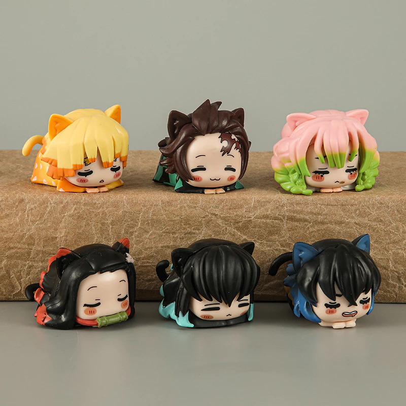 6 Cái / bộ Q Ver. Prostrate Demon Slayer Mini Hình Kawaii Tanjirou Nezuko Zenitsu Muichirou Mitsuri Với Mô Hình Búp Bê Tai Mèo