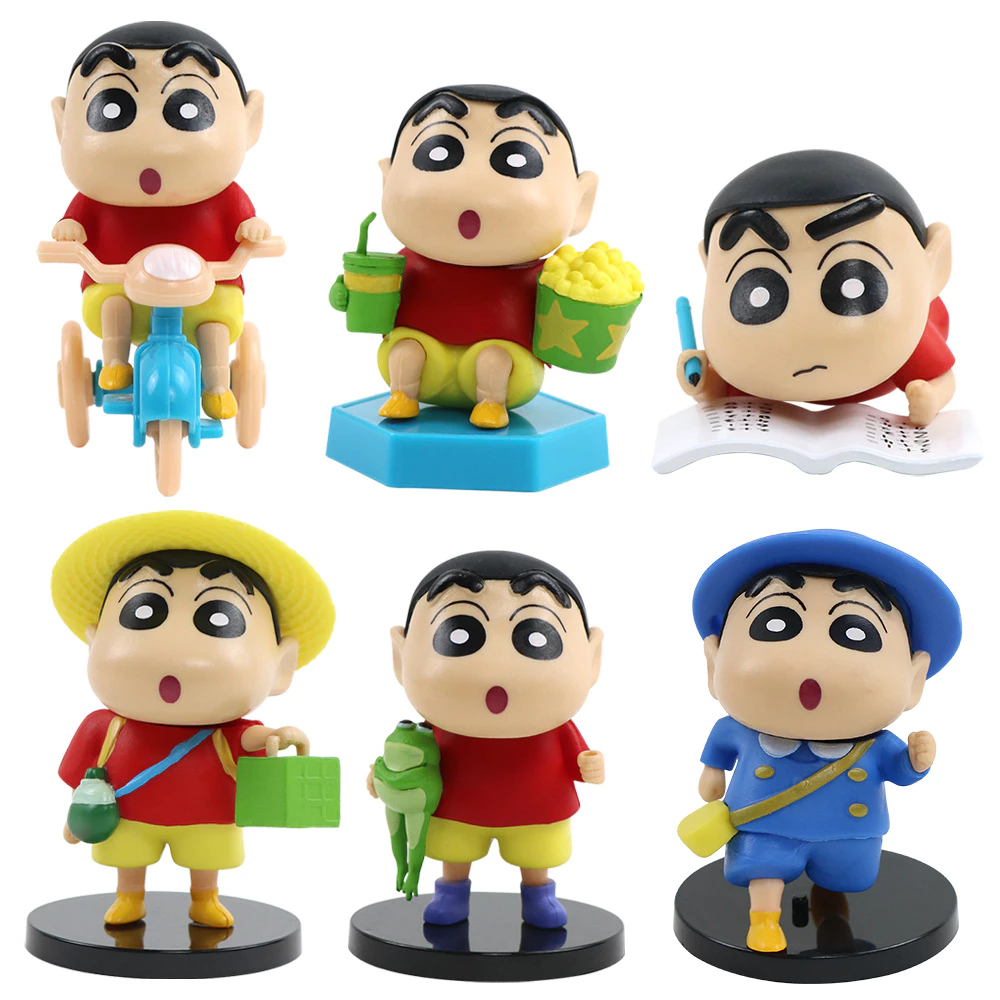 6 chiếc 8cm Anime Crayon Shin-chan Nhân vật hành động Tham gia Shinzuo trong các hoạt động hàng ngày như đi xe đạp đọc sách ăn vặt trên bỏng ngô chan Figura