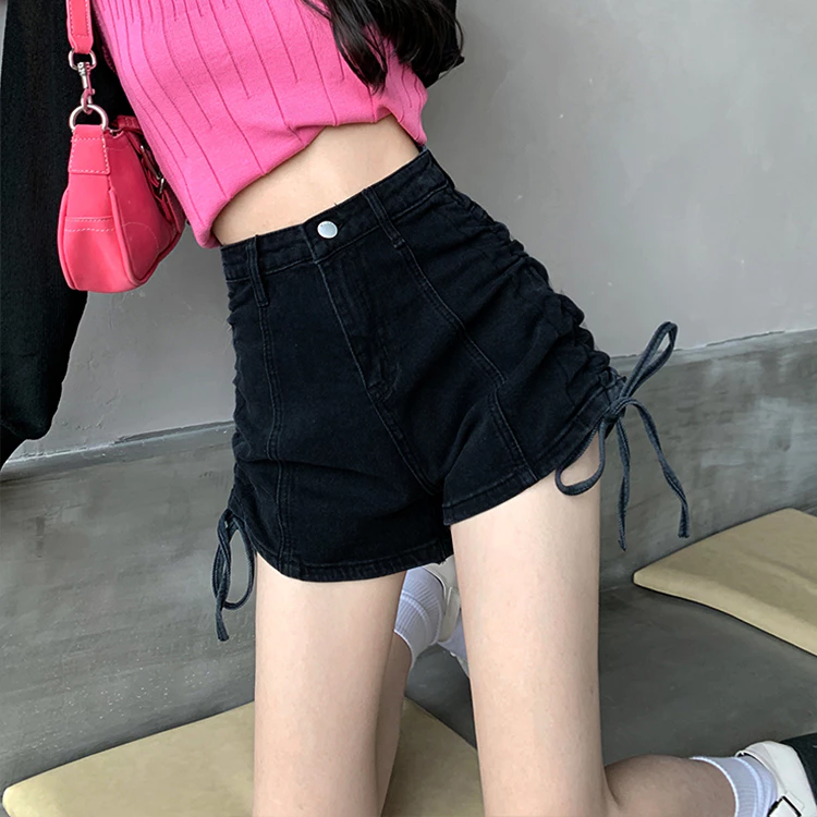 Quần short denim 2024, thiết kế phong cách Instagram dành cho nữ, cà vạt chữ A, ống rộng xếp ly, eo cao, quần ống thẳng cô gái cay