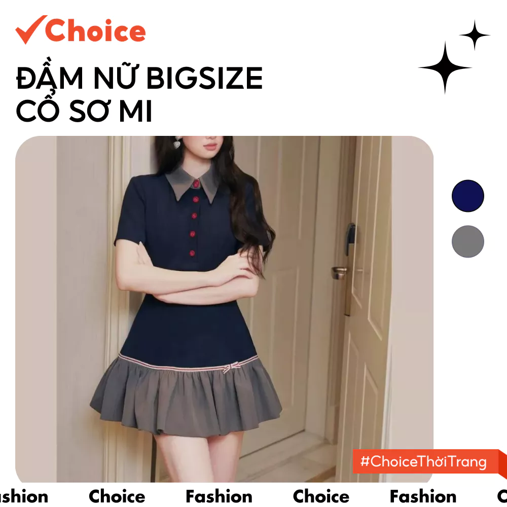 [Choice] Đầm Nữ Bigsize FA1-2802-3 Cổ Sơ Mi Cộc Tay, Cúc Đỏ, Đuôi Váy Xòe Đính Nơ Tiểu Thư
