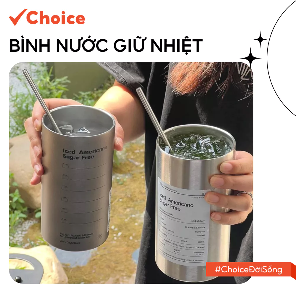 [Choice] Bình Nước Giữ Nhiệt Iced Americano LS1-2808-10 Inox 304 Đúc Liền Khối Cao Cấp Kèm Túi Đựng