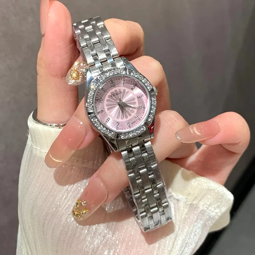 Đồng hồ đeo tay kim cương Bling thanh lịch dành cho nữ Mặt số màu hồng / trắng Phong cách vòng tay