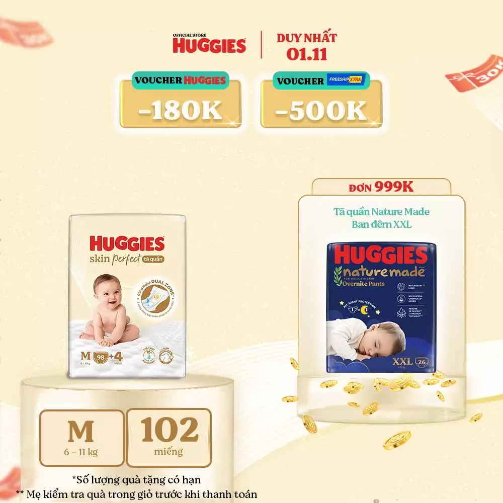Tã quần Huggies Skin Perfect Mega Jumbo M98+4/ L88+4/XL72+4/XXL64+4 với 2 vùng thấm giảm kích ứng da