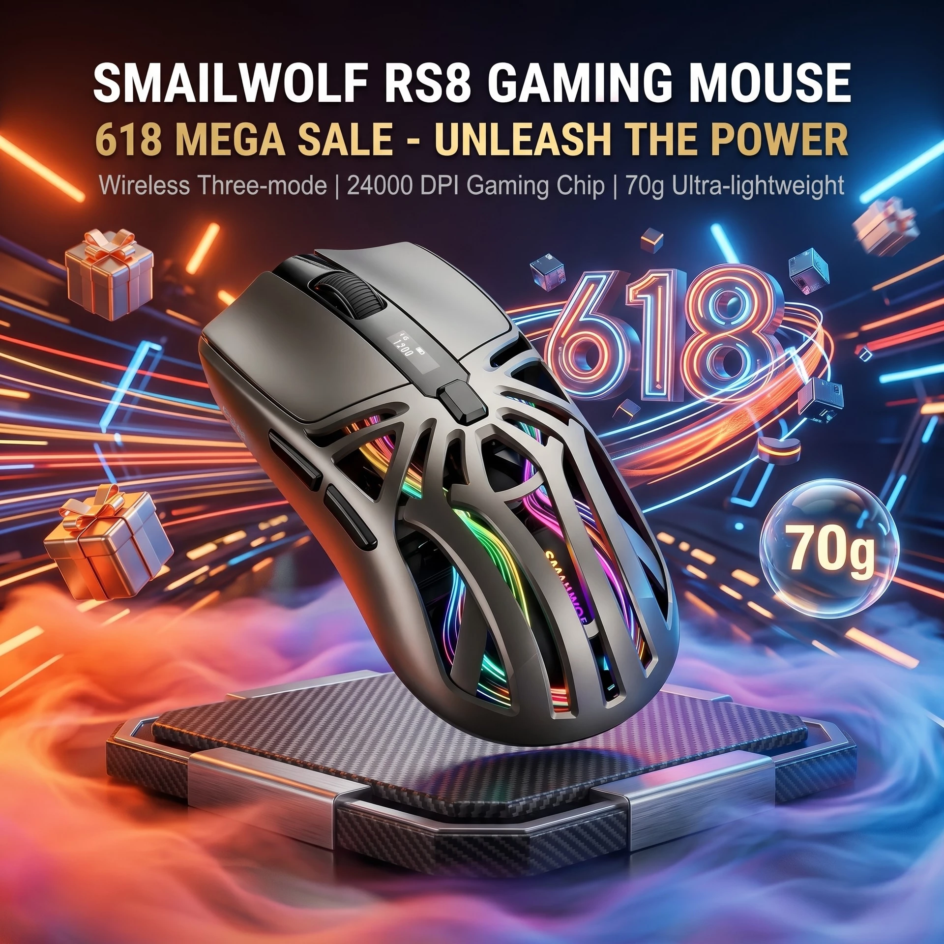 Chuột chơi game SMAILWOLF RS8 6 nút, chip cảm biến chuyên nghiệp, DPI tùy chỉnh 1200-24000, 3 chế độ kết nối (2.4G không dây, Bluetooth 5.1, có dây Type-C), tốc độ lấy mẫu 1000Hz