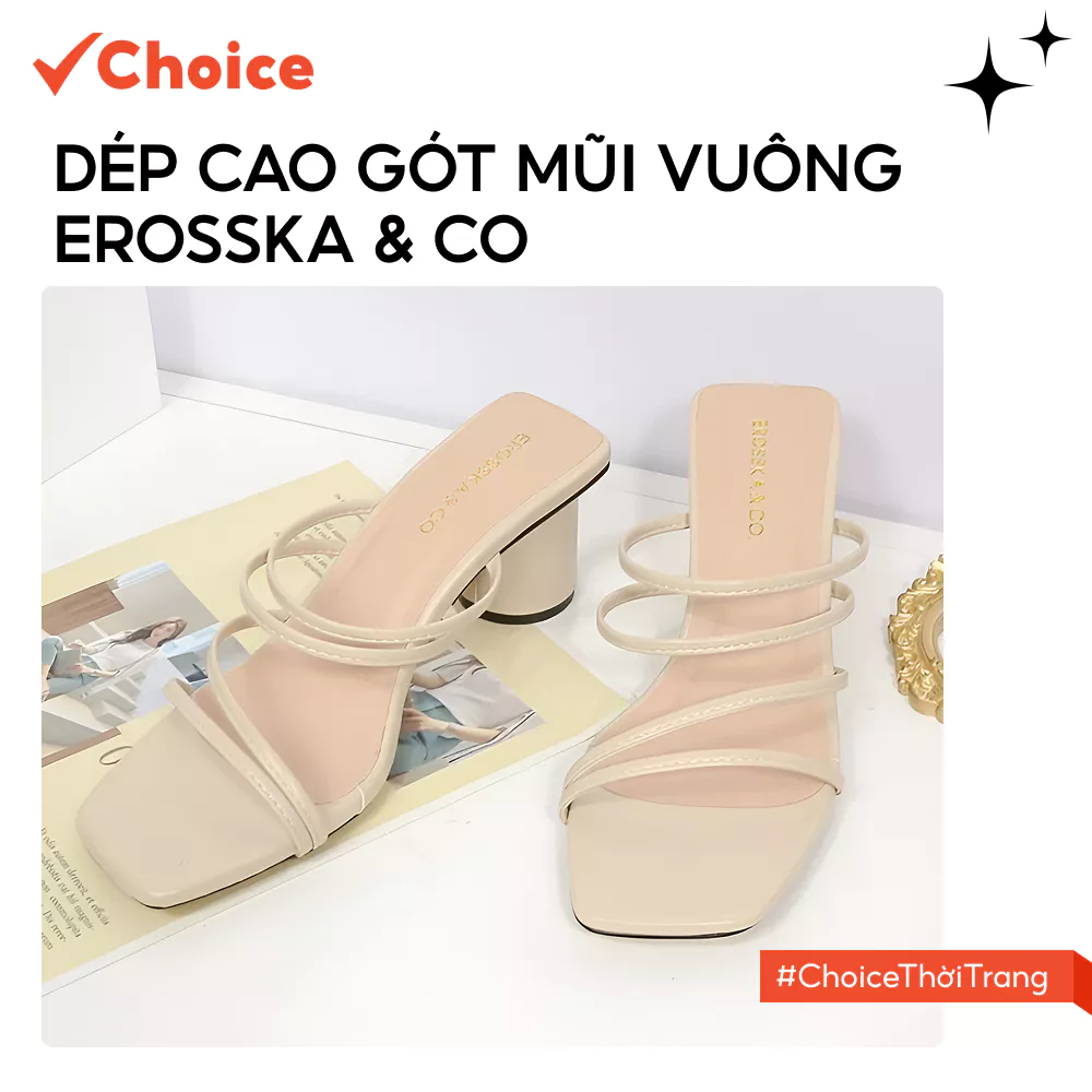 [New] [Choice] Dép Cao Gót Mũi Vuông Erosska & Co EM038 Phối Dây Quai Mảnh, Cao 6cm