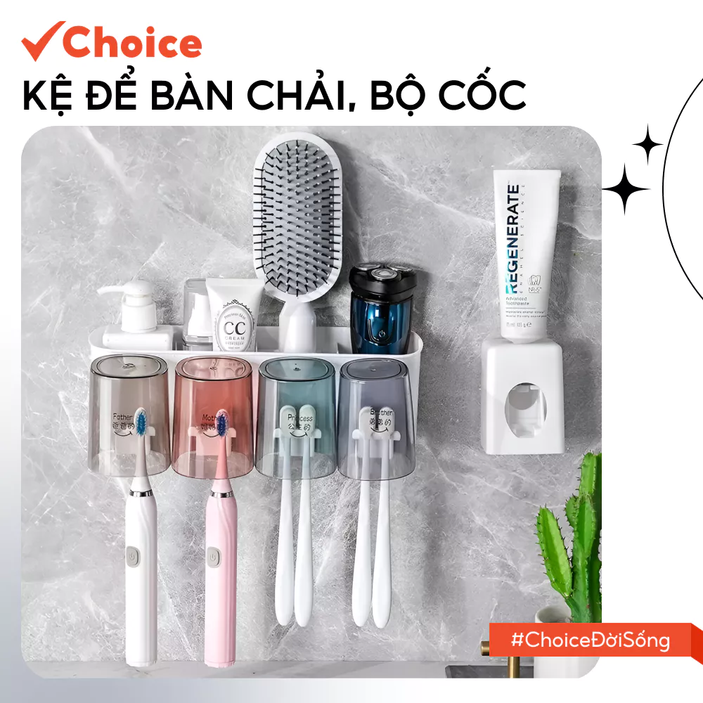 [Choice] Kệ Để Bàn Chải, Bộ Cốc LS1-2928-22 Dán Tường Kèm Nhả Kem Tự Động