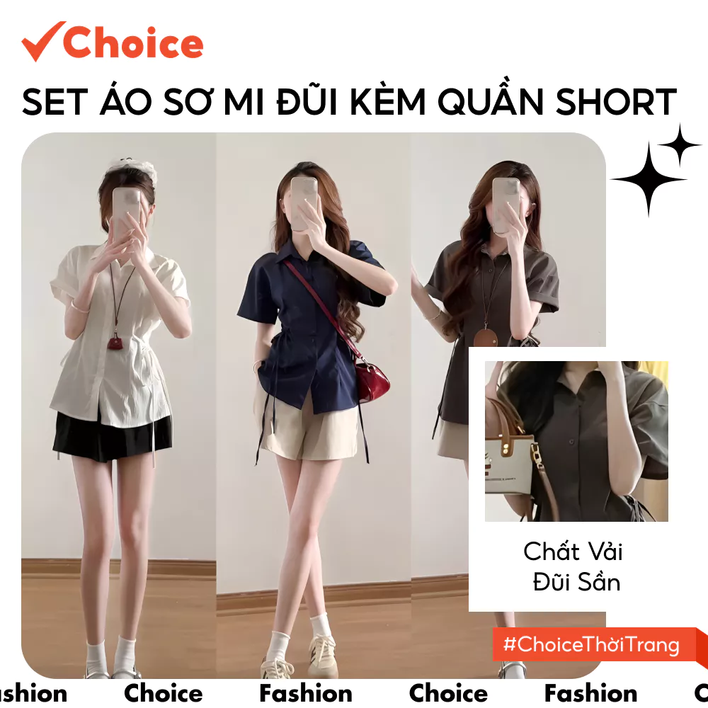 [Choice] Set Áo Sơ Mi Đũi FA1-2802-6 Phối Dây Buộc Hai Bên Eo Kèm Quần Short Cạp Chun