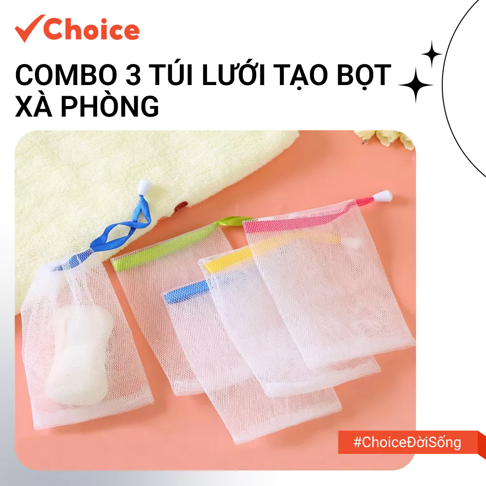 [Choice] Combo 3 Túi Lưới Tạo Bọt Xà Phòng LS1-2807-662 Tiện Lợi Loại Xịn Có Dây Rút, Dày Dặn