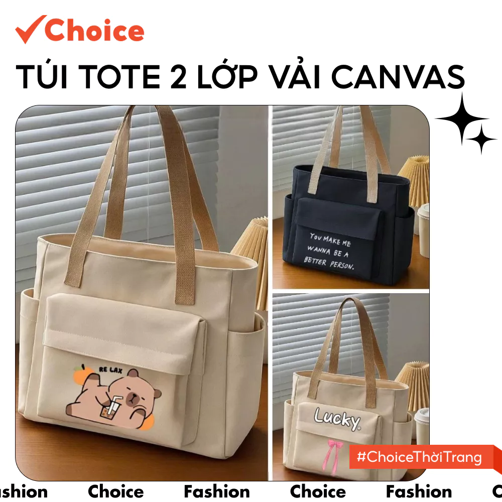 [Choice] Túi Tote 2 Lớp Vải Canvas FA2-2918-08 Cỡ Lớn, Đựng Đồ Đi Học, Laptop, Phong Cách Ulzzang