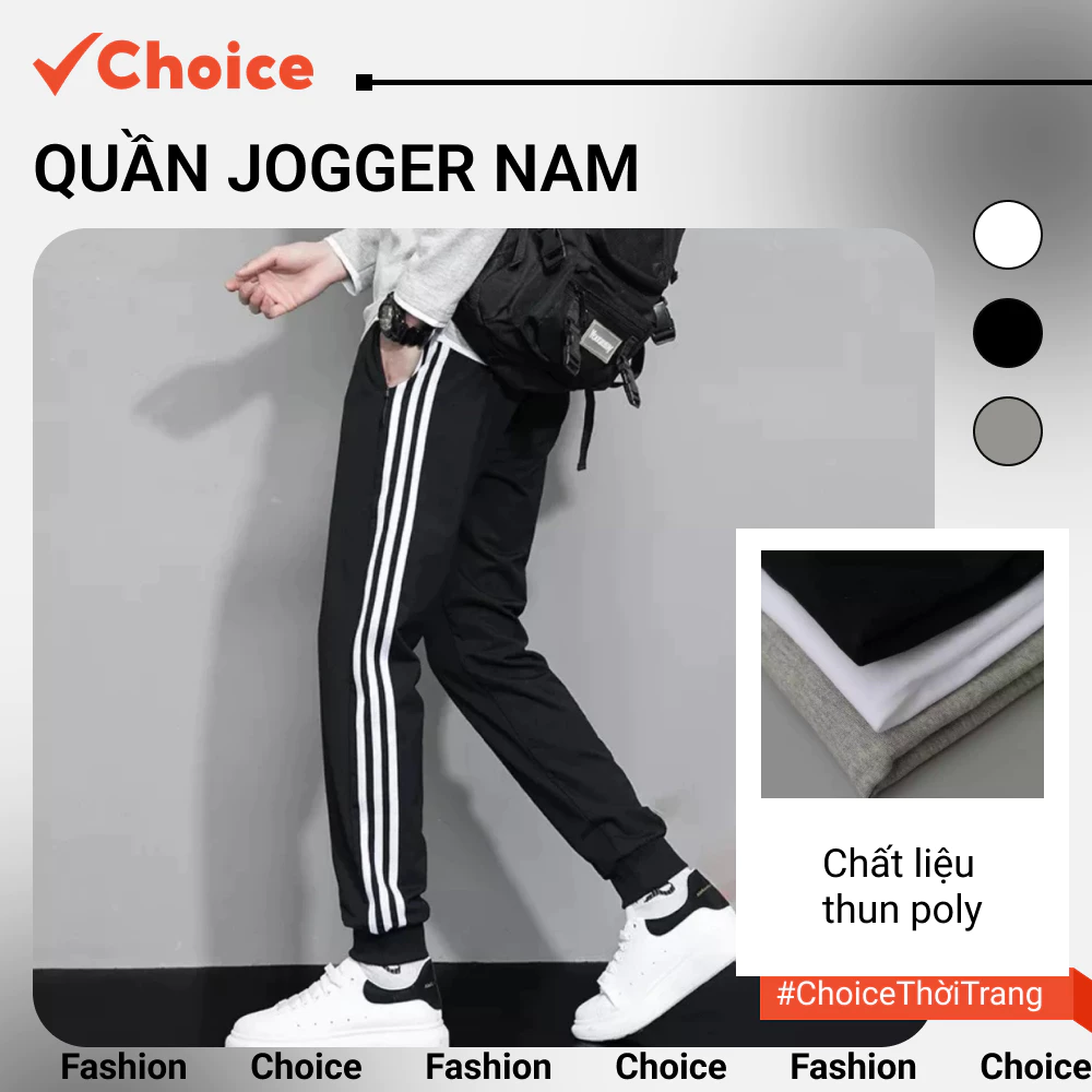 [Choice] Quần Jogger FA1-0018-103 Nam Nữ Thể Thao NH201 Đen Sọc Trắng thun poly Co Giãn Mát Mẻ