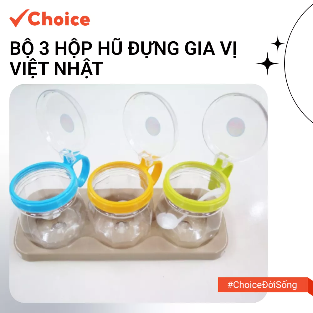 [Choice] Bộ 3 hộp hũ đựng gia vị Việt Nhật LS1-2823-43 nắp bật tiện dụng kèm thìa (MS 2938)
