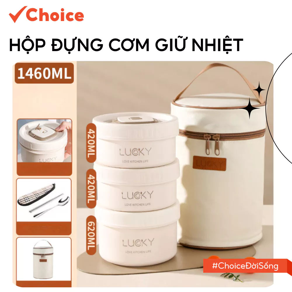 [Choice] Hộp cơm giữ nhiệt 3 tầng inox LS1-2807-623 cách nhiệt bằng thép không gỉ