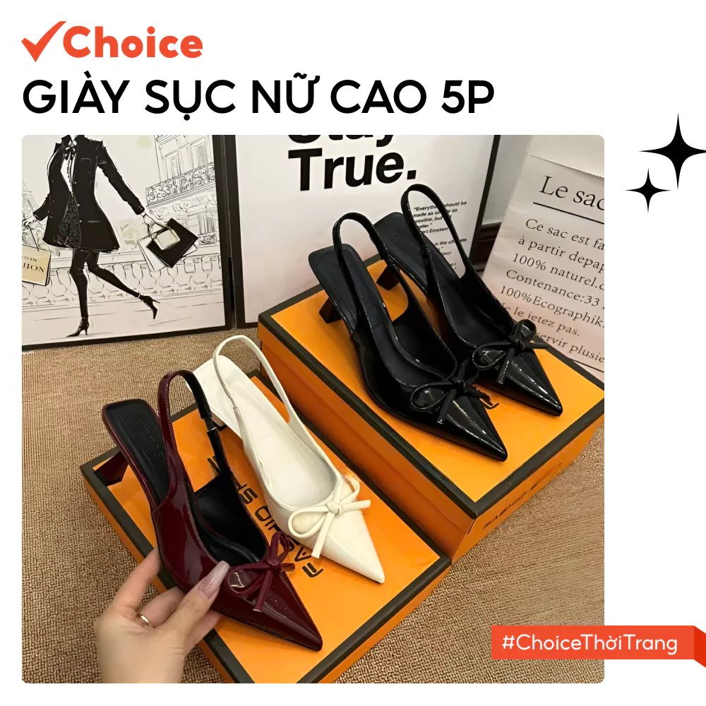[Choice] Giày Cao Gót FA2-2831-3 Mũi Nhọn, Phối Nơ, Da Bóng Mềm, 5p Hàng Cao Cấp