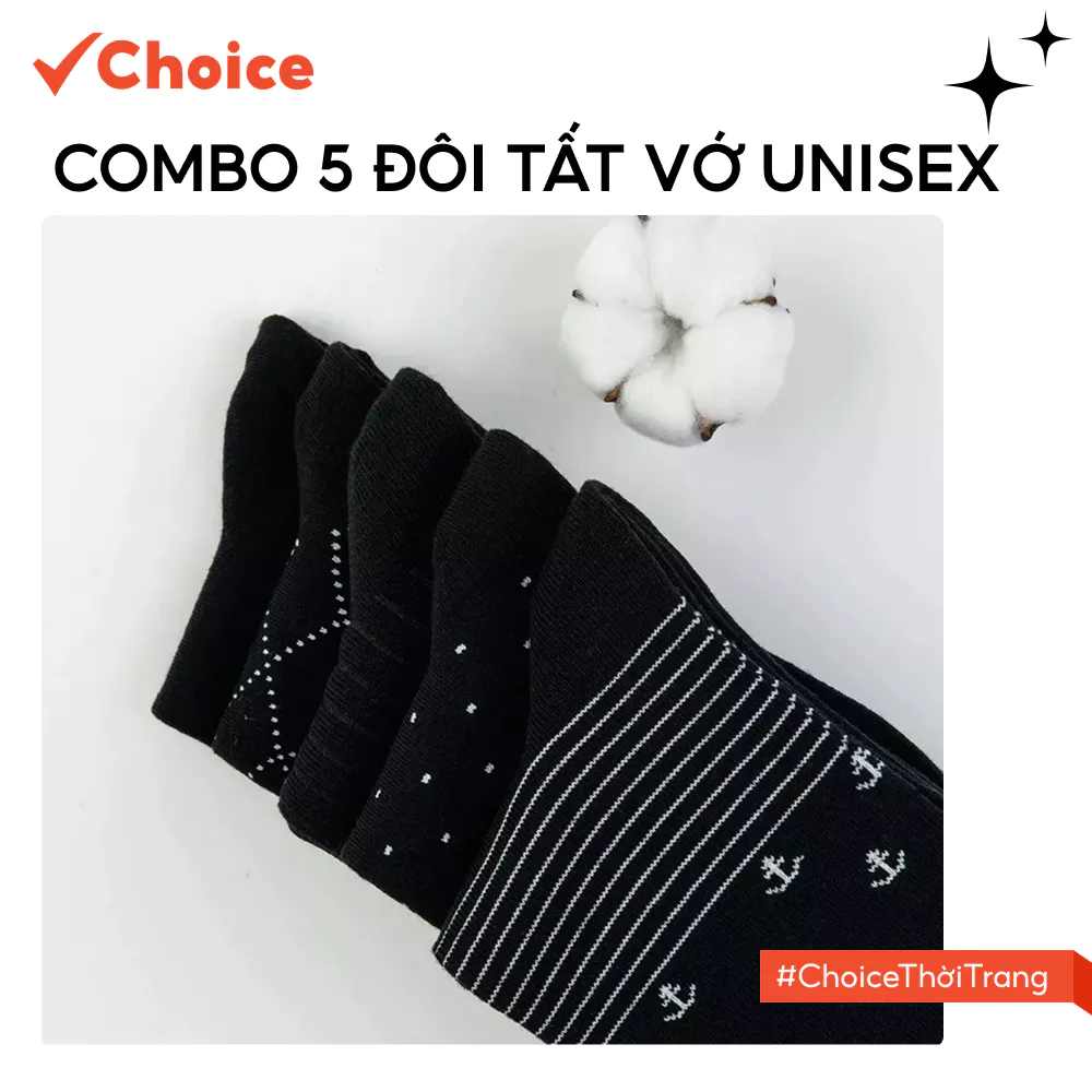 [New] [Choice] Combo 5 Đôi Tất Nam Nữ Cổ Cao Họa Tiết UP2 Vải Cotton Dày Dặn, Êm Ái, Thoáng Khí