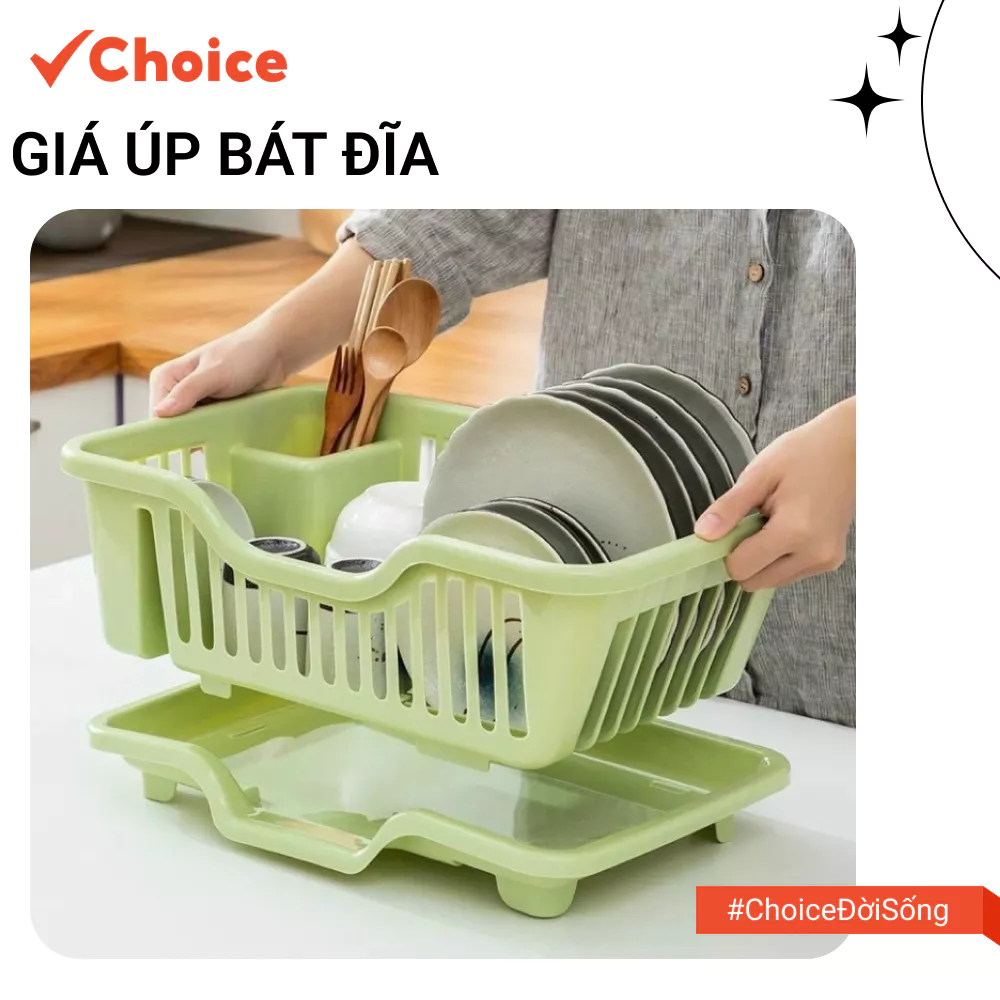 [Choice] Giá Úp Bát Đĩa LS1-2808-348 Có Ống Đũa Đa Năng Kèm Khay Hứng Thoát Nước