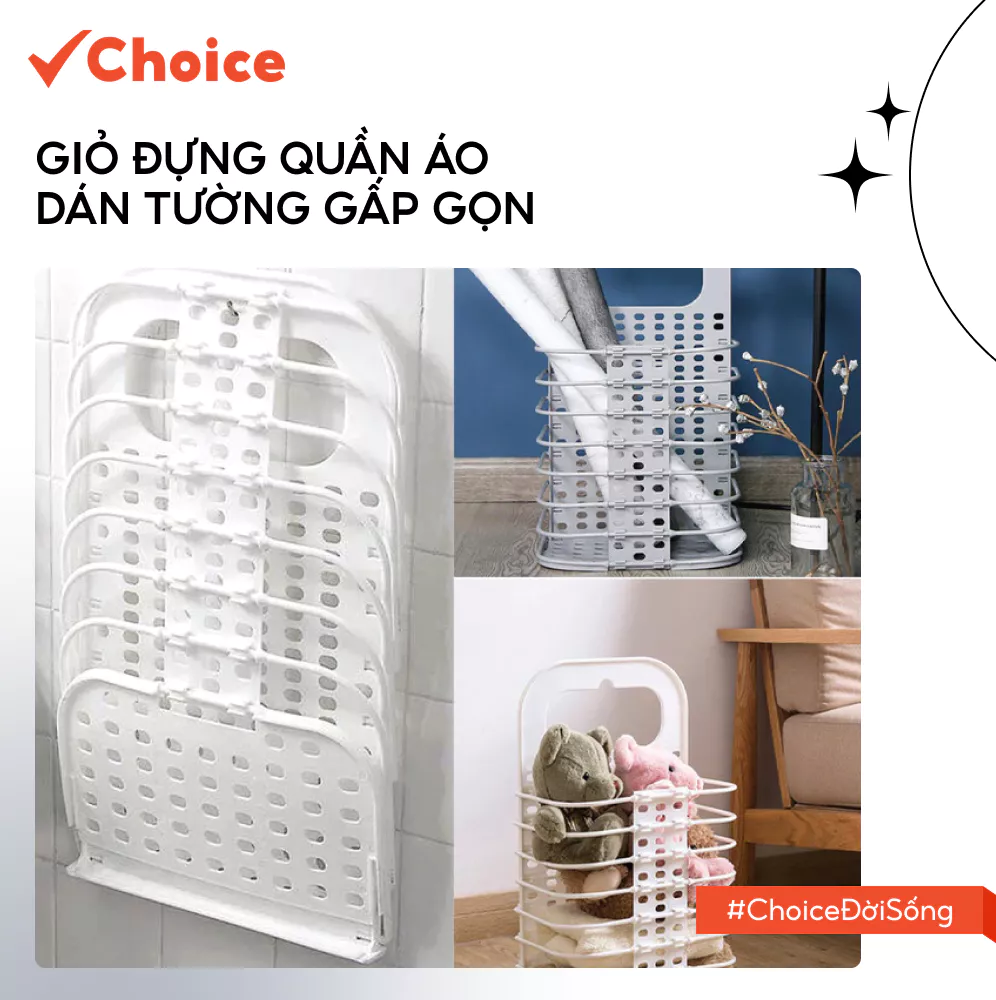 [New] [Choice] Giỏ Đựng Quần Áo Dán Tường Gấp Gọn HTD26 Thiết Kế Tay Cầm Treo Tường Có Thể Gấp Gọn