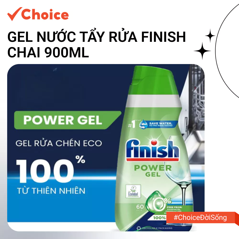 [Choice] Gel Nước Tẩy Rửa Finish FM2-0496-11 Eco 0% Cho Máy Rửa Bát Chính Hãng, Chai 900ml