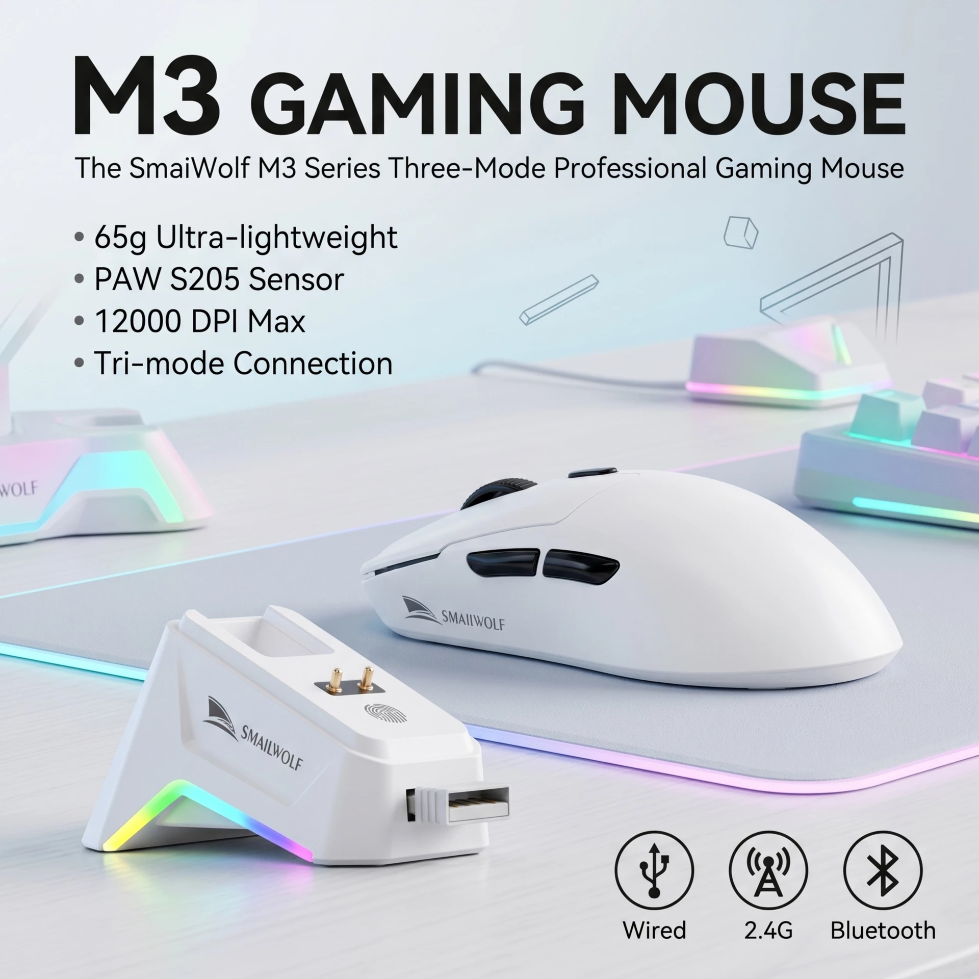 Chuột chơi game kết nối ba chế độ SmaiWolf M3, chip điều khiển hiệu suất cao, tần suất trả về liên tục 1KHz, DPI điều chỉnh, thời gian chờ lâu, 300mAh